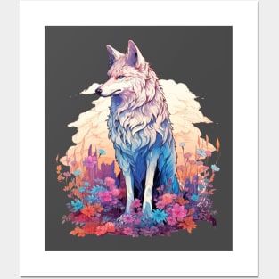 Colorful Wolf With Flowers Posters and Art